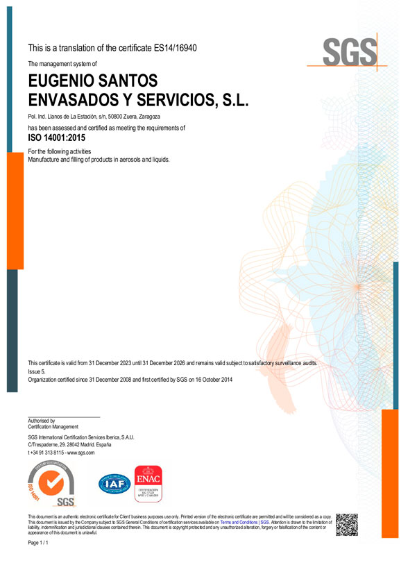 Envasado de Aerosoles y Líquidos. ISO 14001. Inglés.
