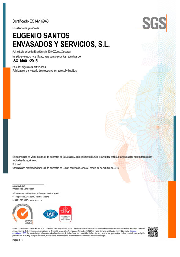Envasado de Aerosoles y Líquidos. ISO 14001. Español.