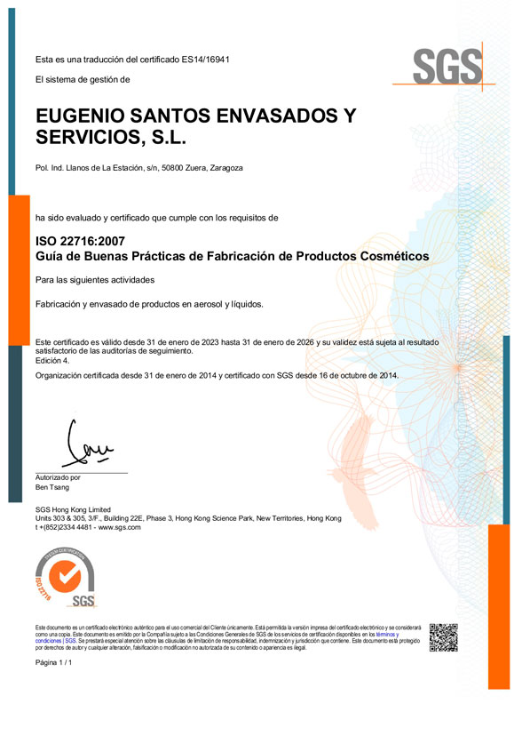 Envasado de Aerosoles y Líquidos. ISO 22716. Español.