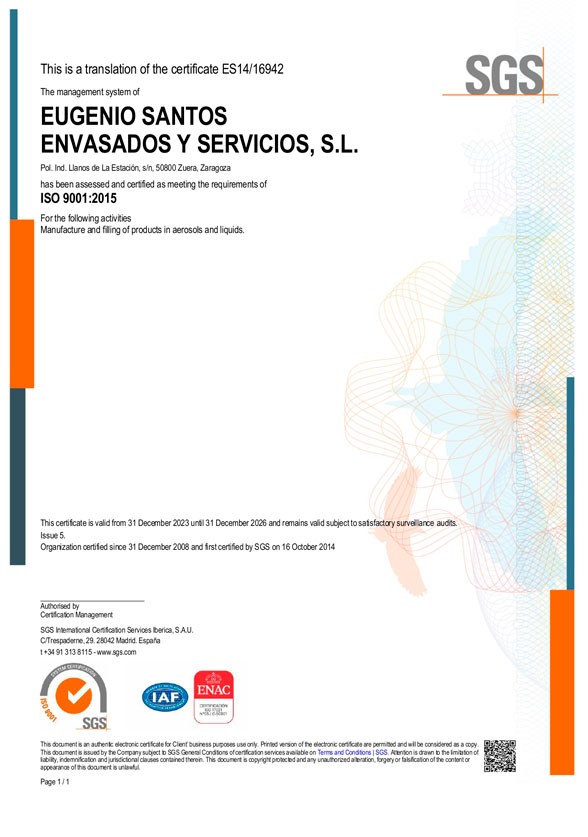 Envasado de Aerosoles y Líquidos. ISO 9001. Inglés.